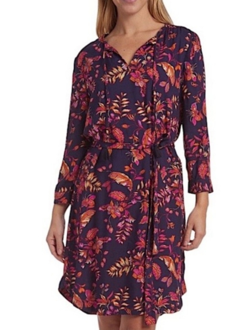Floral Tie-Waist Long Sleeve Dress Berry with Pink & Orange Floral